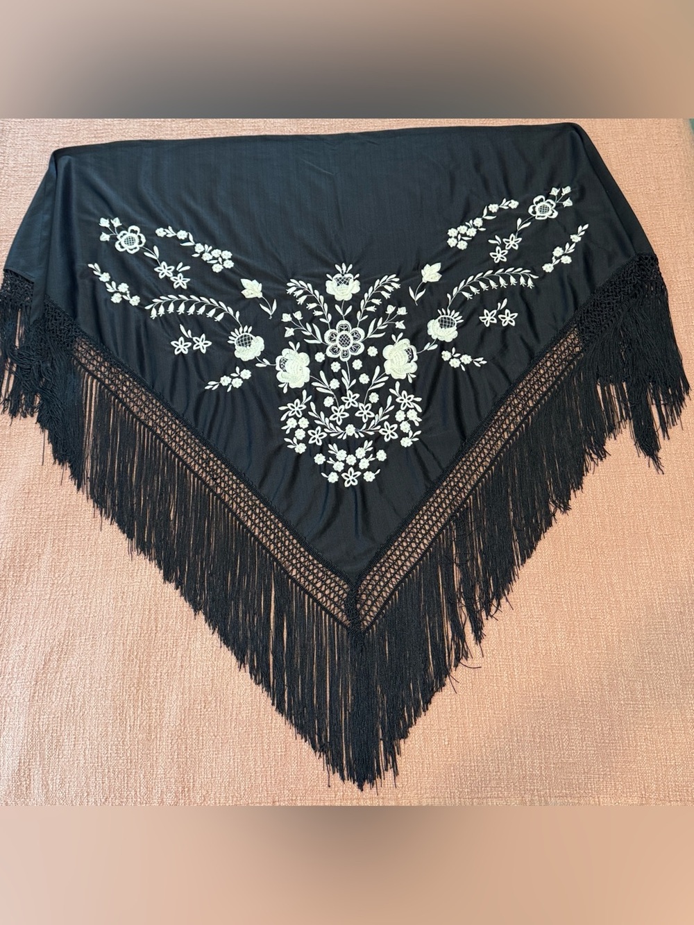 Flamenco La senorita shawl Black with off white Floral Embroidery & Fringe hem